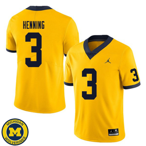 Mens Michigan Wolverines #3 A.J. Henning Yellow College Game Jersey